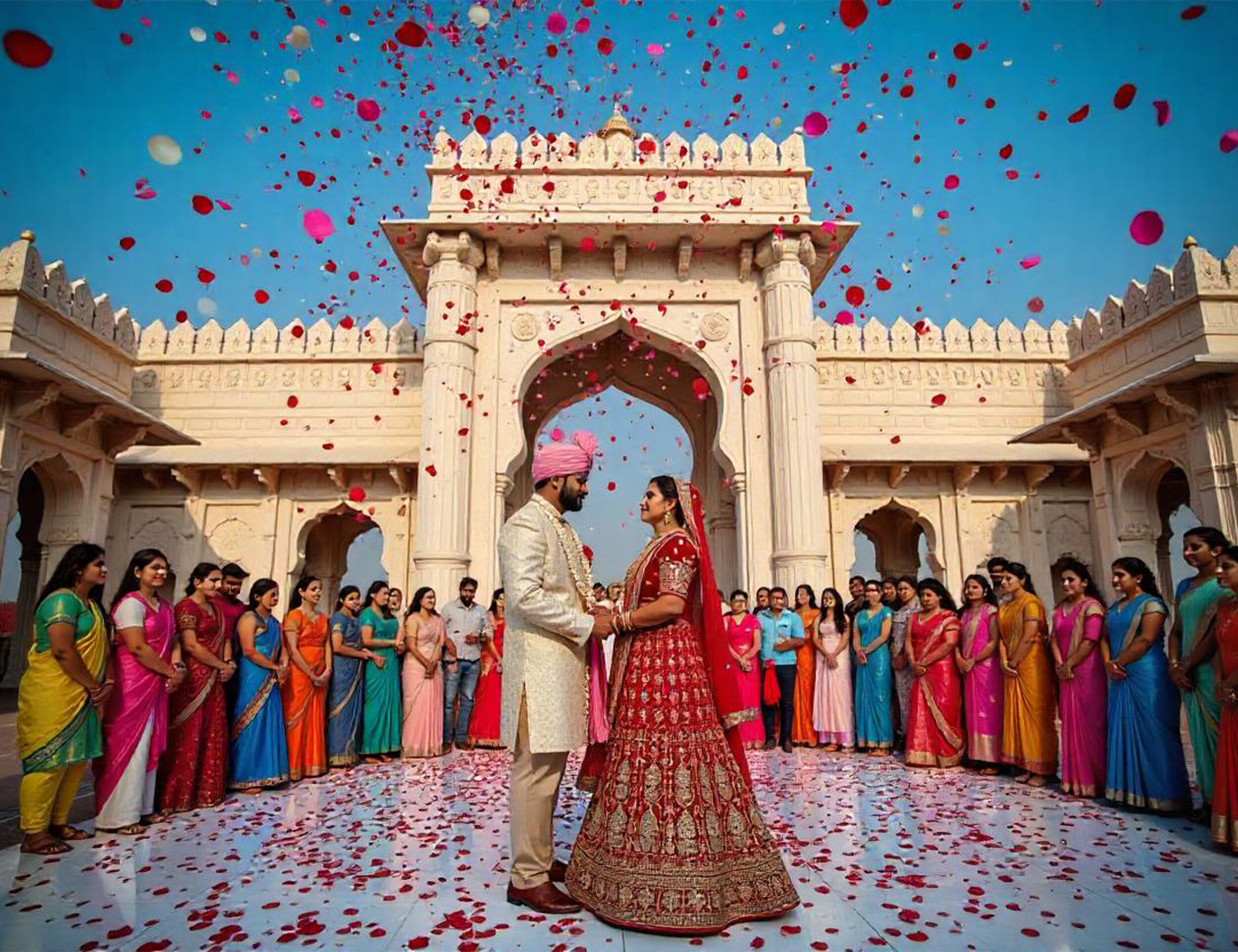 A beautifull wedding destination with bride and groom with their family